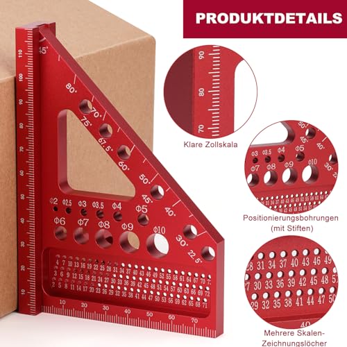 POFIBO Zimmermannswinkel Winkelmesser Anschlagwinkel - 22,5-90 Grad Aluminiumlegierung 3D-Gehrungswinkel, inkl. Tieflochmarker, für präzises Anreißen und Zeichnen, für Schreiner und Ingenieure (Rot)