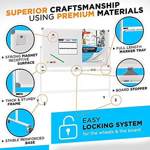 Zenguin Mobile Whiteboard – Easel Style Dry Erase Board W Locking Wheels - Double Sided Magnetic Easel Board - Adjustable Height Rolling Whiteboard - Portable Whiteboard W Accessories (48X36, White) #TOP1