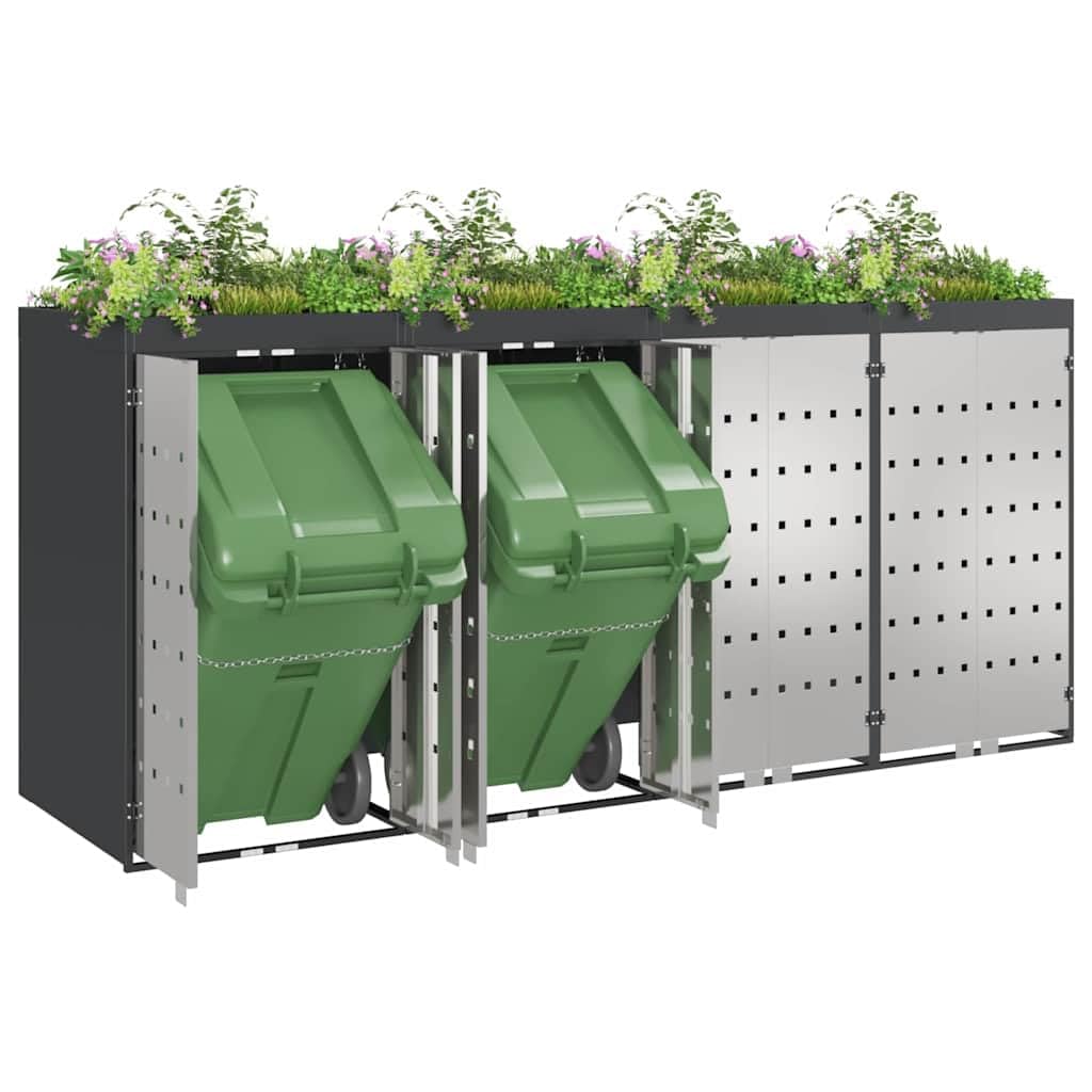 Copribidoni per 4 Bidoni di Spazzatura con Fioriera Contenitori Pattumiera Cassonetti Rifiuti 240 L Box in Acciaio Argento/Antracite Coperchio Bidone Resistente 4 Porte
