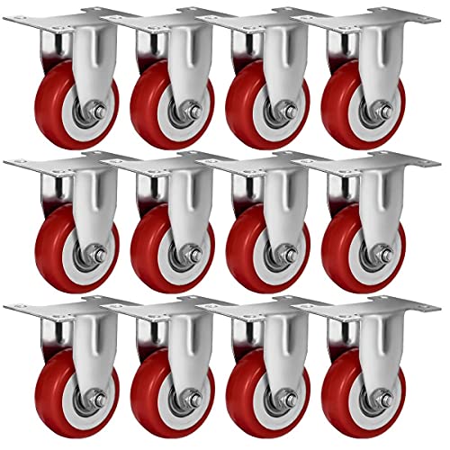 12 Pack 2" Caster Wheels On Red Polyurethane Wheels Top Plate Non Swivel Rigid Fixed Stationery