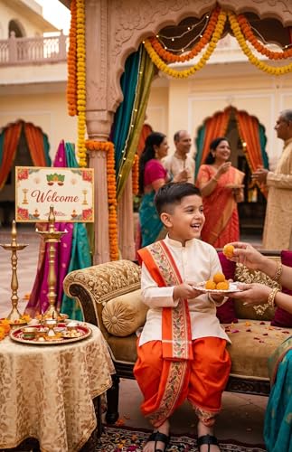 Image of Boys Dhoti Kurta Set Sherwani Style for Kids | Ethnic Traditional Kids Wear with Patiala Dhoti & Dupatta | Wedding Dress for Boys | Indian Cultural Outfit for Puja Festival Party