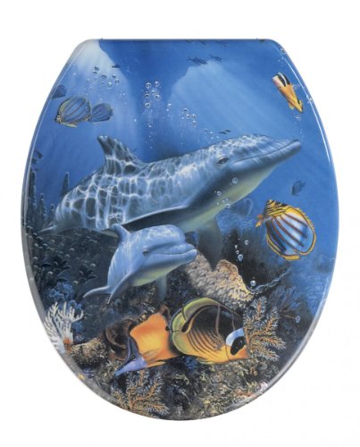 WENKO WC-Sitz Sea Life, Toilettensitz mit Hygienebefestigung aus rostfreiem Edelstahl, Toilettenbrille aus antibakteriellem Duroplast, 37,5 x 45 cm