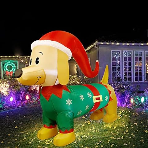 Joliyoou Christmas Yard Decorations, 4.9 FT Large Inflatable Light Up Dachshund Dog Wearing Christmas Elf Costume, Xmas Blow Up Adorable German Long Thin Dog Outdoor Indoor Decorations Cover