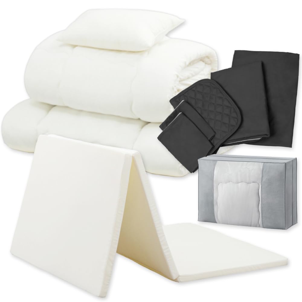 アイリスオーヤマ すぐ使える高密度マットレス付き布団10点セット 寝心地UPリニューアル 高密度ウレタン25D 充填わた増量 持ち手付き収納バッグ シングル ブラック KFS-R-M10S