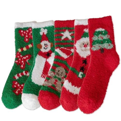 THQAE 5 Paia Calzini di Natale, Calzini Donna Divertenti di Natalizi, Calzini Termici Natalizi Regalo per le Signore, Soffici Pile di Corallo Pantofola Calzettoni Caldi