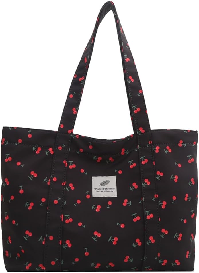 GETERUUV Cherry Tote Bag Coquette Aesthetic Tote Purse for Women Cute Strawberry Tote Bag Large Capacity Nylon Shoulder Bag
