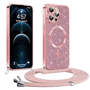 Phoona handyband Hülle für iPhone 12 Pro Max mit Band, Glitzer Handyhülle Kompatibel mit MagSafe, Ganzkörperschutz Kratzfeste Stossfest Schutzhülle mit Einstellbar Kette, Rosa