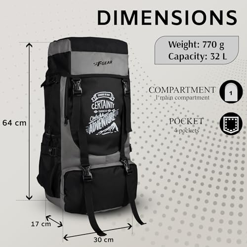 Image of F Gear Ridge 32L Trekking Backpack|Hiking|Camping Travel Leisure Tourist Outdoor Sport Rucksack|Multi Pockets|Shoulder Bag - Drawstring Top Open|Lightweight Bag|Adults|Unisex|Men Women