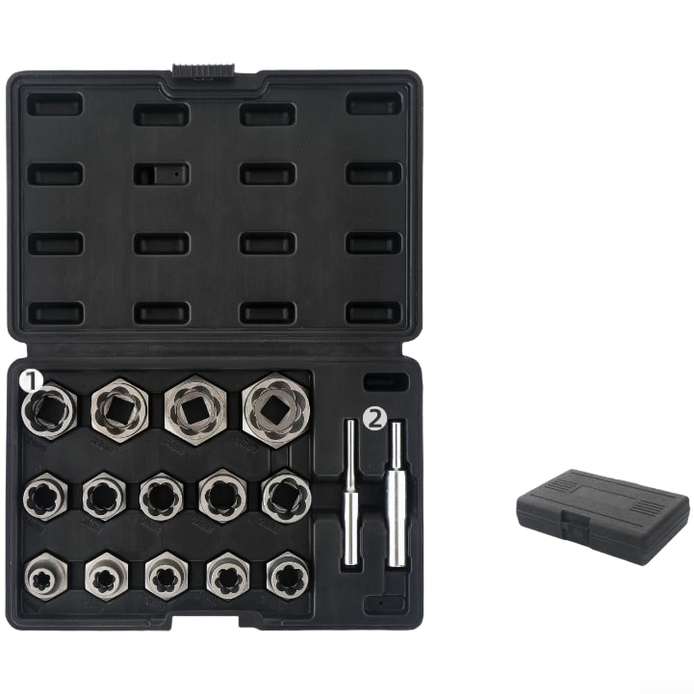 Set di estrattori per viti, rimozione dadi a spirale inversa per bulloni arrugginiti 6-27 mm, kit adattatore per punte da trapano in lega di cromo (16 pezzi)