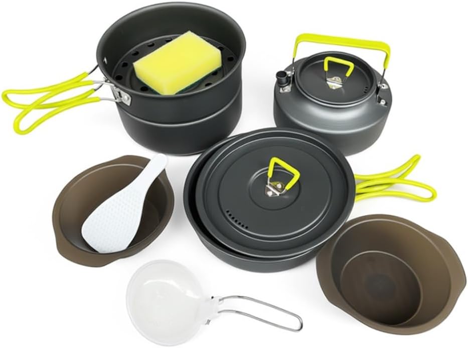 Camping Cookware Set Steaming, Portable Backpacking Gear with Hard Anodized Aluminum Pot, Pan, Kettle, Bowls & Utensils, Lightweight Outdoor Cooking Kit, Ideal for Hiking, Picnic & Camping