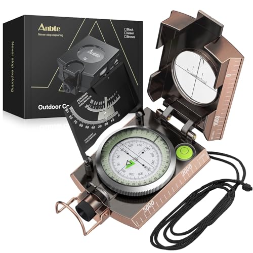 Anbte Compass Hiking Survival, IP65 Waterproof Metal Compass with Sighting