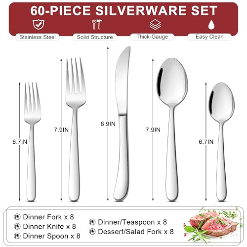 Image of E-far Heavy Duty Silverware Set for 12, 60-Piece Stainless Steel Flatware Cutlery Set, Heavy Weight Metal Tableware Eating Utensils for Home Restaurant Weddings, Mirror Polished & Dishwasher Safe