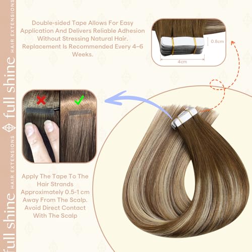 Image of Full Shine Human Hair Tape in Extensions, Brown Caramel Blonde Mix 22 Inch | 50g 20PCS, Invisible Remy Tape in Hair Extensions, Add Length Smooth Finish Natural Volume Lightweight Everyday Look