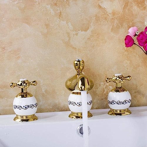 Robinet de salle de bain 3 trous or poli anti-éclaboussures pour baignoire et vasque
