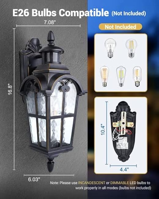 DEWENWILS Outdoor Wall Lights, Exterior Lantern Fixture, Roman Vintage, Water Ripple Glass