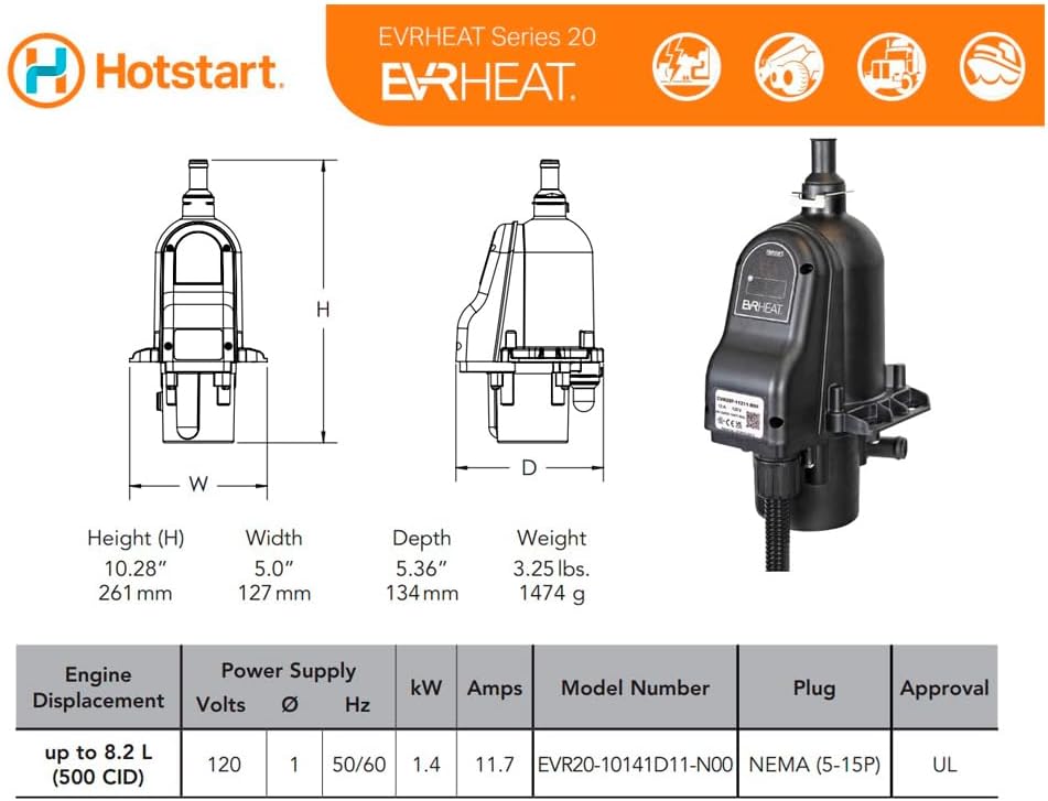 Hostart EVRHEAT Series 20 | Pump Circulation Heaters | 120 Volts – 1.4kW | UL C/US Listed | Optimal for diesel and natural gas engines | Avoid cold starts | Original! | Made in USA EVR20-10141D11-N00