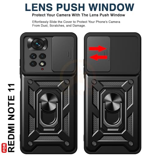 Image of Armor Bumper Back Cover Case for Redmi Note 11 / 11S Rotating Camera Cover, Ring Holder & Kickstand | Heavy Duty & 360 Degree Protection Redmi Note 11 / 11S Back Cover (Black)