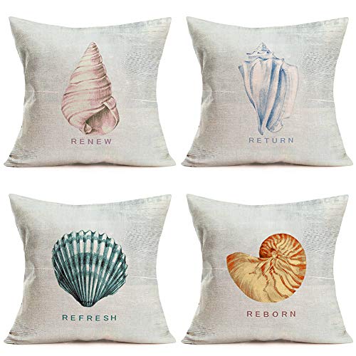 Xihomeli 4 Pack Marine Life Throw Pillow Covers Sea Snail,Scallop,Seashell,Conch Print Cushion Covers 18”X18” Cotton Linen Pillow Case Home Decoration Bedroom Chair (4Ps Shells-W) #TOP11