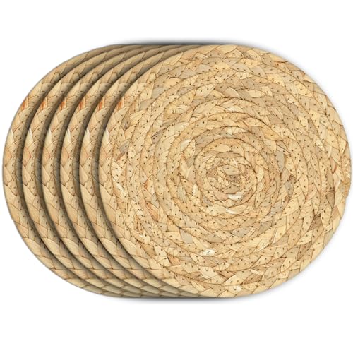 Boho Trivets for Hot Dishes Pots and Pans Farmhouse Water Hyacinth Hot Pads 8 Inch Straw Pot Holders for Kitchen Rustic Braided Heat Resistant Mat Jute Coasters Set Wicker Decor (Natural 6 Pcs)