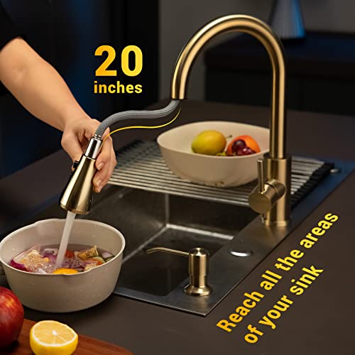 Dayone Kitchen Faucet With Soap Dispenser Champagne Gold, Stainless Steel Single Handle Kitchen Sink Faucet 3 Modes, Pull Down Faucet For 2 Holes Or 4 Holes Sink, Day-257Btg #TOP3