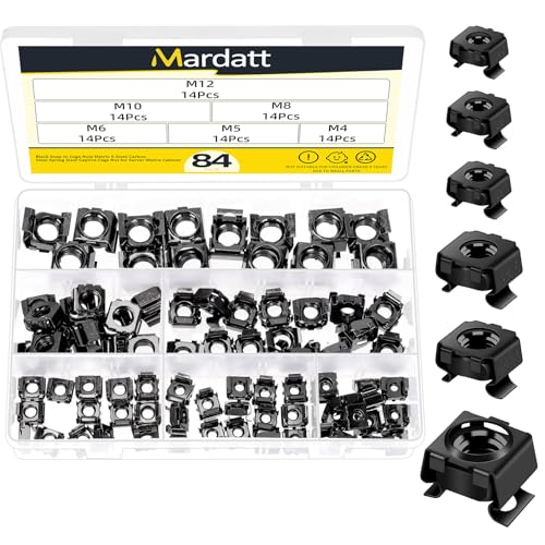Mardatt 84Pcs Snap-in Cage Nuts Assortment Kit, M4 M5 M6 M8 M10 M12 Carbon Steel Zinc Plated Metric Cage Nuts Clip-On Nuts, Rack Nuts, Rack Mount Clip Nuts for Shelve Cabinet, Black