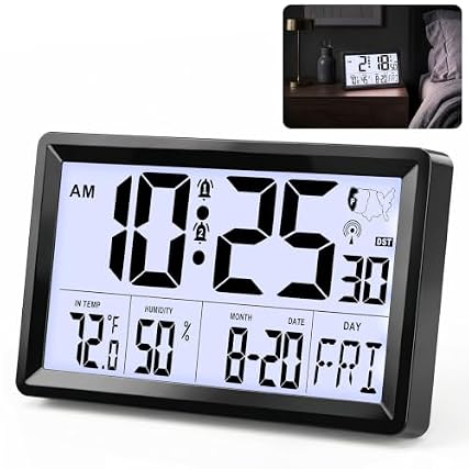 BGYTWEYTD Atomic Clock Alarm Clock with Backlight, 8 . 7 ″ Battery Powered Clock Auto DST Self