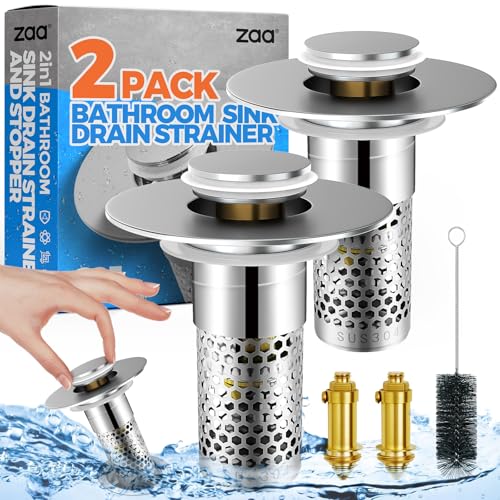 zaa Bathroom Sink Drain Strainer - Bathroom Sink Stopper, 2Pack Pop Up Sink Stopper with Removable Stainless Steel Strainer Basket for US Standard Bathroom Sink, Drain Plug Filter Replacement, Silver