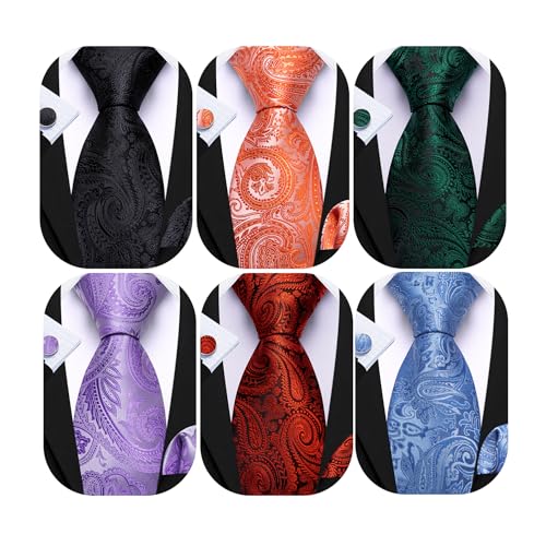 Image of Barry.Wang 6 PCS Men Ties Set Silk Business Fashion Woven Necktie Handkerchief Cufflinks Paisley Stripe Wedding Party
