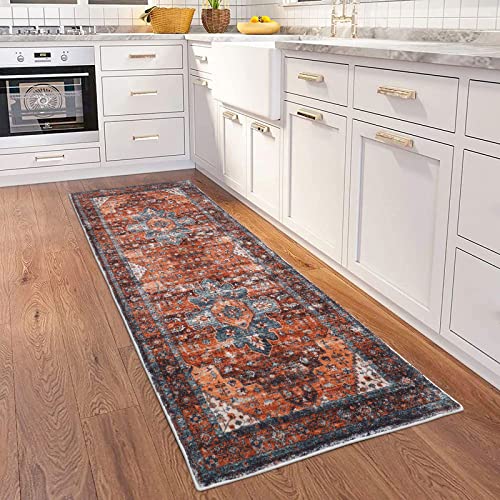 Shacos Hallway Runner Rug 2’X6’ Distressed Medallion Rug Runner Faux Wool Washable Carpet Indoor Soft Runner Rugs Vintage Rug Non Skid Entryway Rug Bathroom Bedroom Kitchen Runners, Rusty Red #TOP4