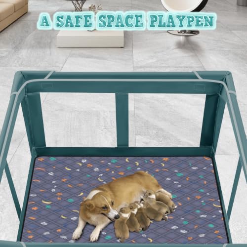 Image of XVISHX 42x42 Inches Puppy Playpen with Dog Pads, Dog Playpen for Puppies or Small Dogs, Pet Playpen for Indoor & Outdoor, Thickened Fabric, High-Strength Nylon Wire Mesh, Bluish Green