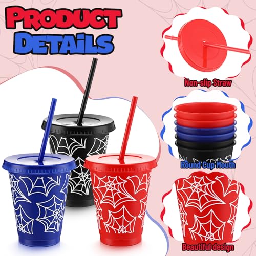 Tioncy 12 Pcs Birthday Spider Web Cups 16 oz Plastic Disposable Coffee Cups Spider Party Supplies with Lids Straws Reusable Red Blue Black Web Themed Decoration for Birthday Party Favors Drink by Tioncy - Image 3