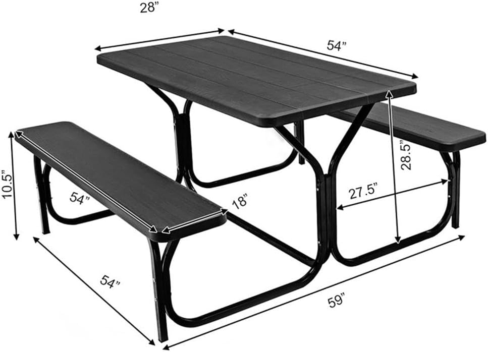 Pemberly Row Outdoor Picnic Table Bench Set, HDPE with Powder-Coated Steel Frame, Black Wood-Grain Finish, UV-Protected Weather-Resistant Design, Garden or Backyard Dining Furniture