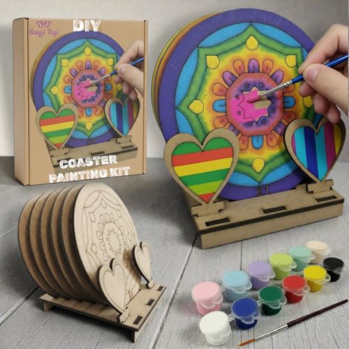 Image of BAGJI TOYS DIY Coaster Painting Kit for Kids & Adults - 6 Pre-Marked Wooden Tea Coasters with Stand, 12 Acrylic Colours & Brush - Mandala Art & Craft DIY Set - Beginner Friendly Painting Craft Kit, Birthday & Gift Activity (MandalaA1)