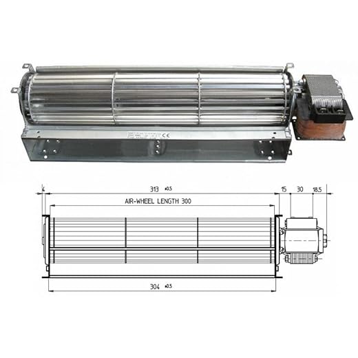 UNIVERSALE Ventilador tangencial para estufas de pellets TGA 60/1-300/30, montaje en pared, negro esmaltado, mando a distancia, 43 W, 180 m³/h, 380 x 304 x 40 mm