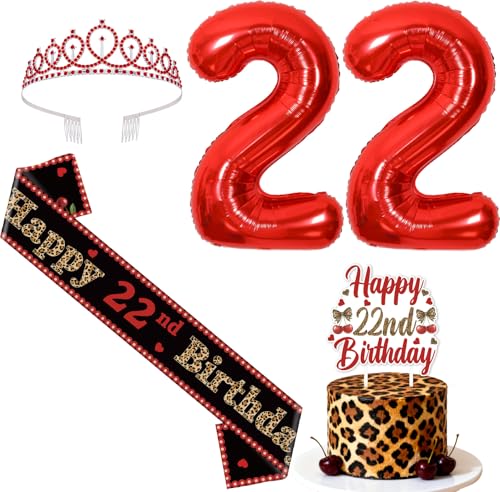 Kreatwow Cheetah Cherry 22nd Birthday Decoration Happy 22nd Birthday Decors Leopard Printed Sash Cake Topper Crown With Number 22 Foil Balloon for Wild Cheetah Cherry Twenty Two Celebration