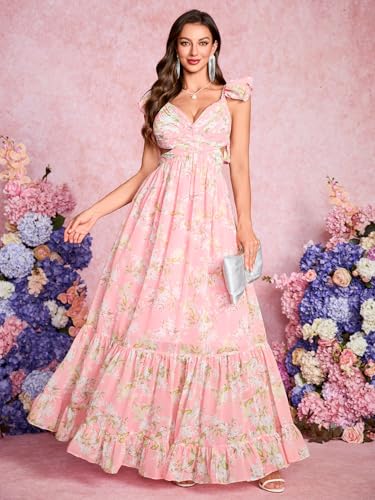 Image of Women's Summer Floral Print Straps Sleeveless V Neck Criss Cross Backless Chiffon Beach Boho Party Long Maxi Dress