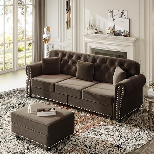 Image of KEIKI 83 inch Velvet Chesterfield Sofa with Rolled Arms & Nailhead Trim & 1 Ottoman, Modern 3-Seater Button Tufted Couch with High Resilience Cushion & 3 Pillow, Easy Assembly, for Living Room, Brown