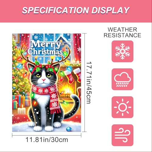 Image of BlissYard Christmas Garden Flag 12x18 Inch Cat Antlers Lights Yard Decor | Double sided polyester, cat with antlers and lights design, cat lover decor for Christmas porch and yard