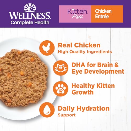 Image of Wellness Complete Health Pate Kitten Canned Wet Cat Food, Natural, Protein Rich, Grain Free, Chicken Entree Recipe, 5.5 oz, Pack of 24 Cans