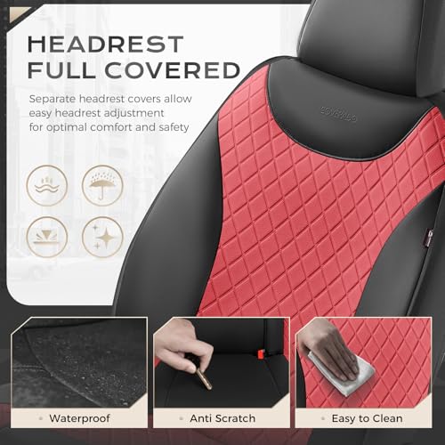 Image of Coverado Front and Back Seat Covers, 5 PCS Leather Seat Covers for Cars, Car Seat Protectors with Splicing Design,Universal Car Seat Cushions Waterproof Seat Covers Fit for Most Cars, Black & Red