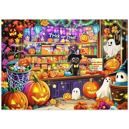 Rompecabezas de casa de dulces de Halloween con gato negro y 1000 piezas de gran detalle