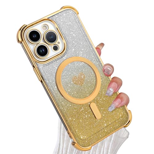 tharlet Magnetic for iPhone 13 Pro Max Case [Compatible with Magsafe] Glitter Cute Love Luxury Plating Plating Bling Clear Phone Case with Full Camera Lens for iPhone 13 Pro Max, Gold (6.7") by tharlet - Used condition - US$7.39