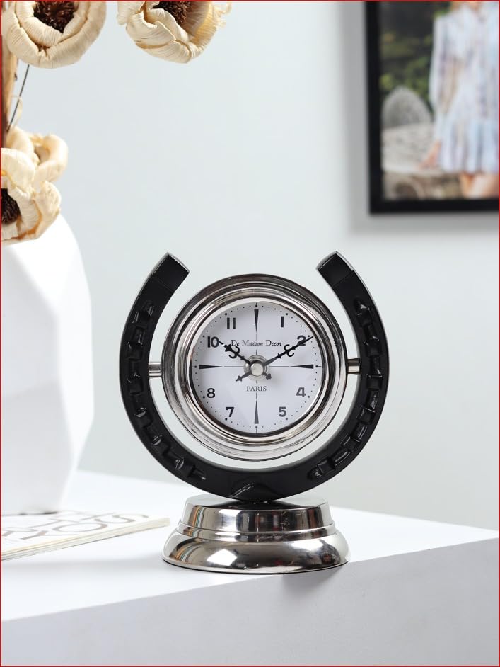 Image of Decor de Maison Brings Handcrafted Equestrian Table Clock for KidsRoom, Living & Bed Room, Study Table, Office|Classic Non-Ticking Tabletop Battery Operated Analog Desk Clock in Silver (15x10x17cm)