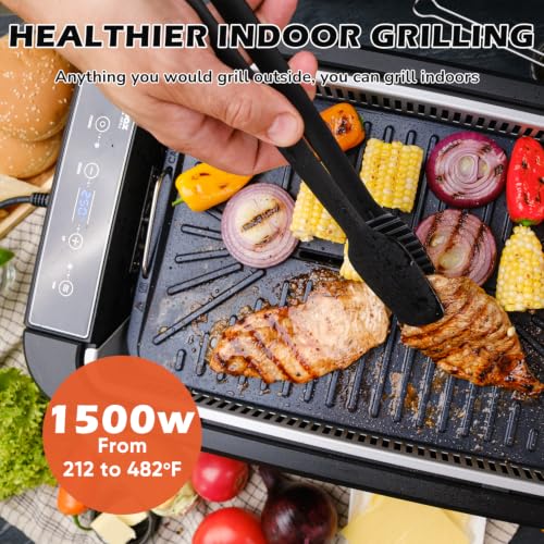 Image of Indoor Grill, CUSIMAX Electric Smokeless Grill & Griddle, Black, 1500W | With REPLACEABLE Smoke Filter Sponge /Smart LED Display /Non Stick 2 in 1 Grill & Griddle Plates /Larger Grilling Area