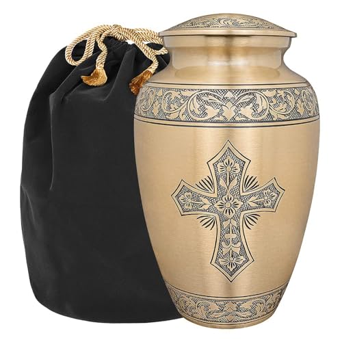 Image of Trupoint Memorials Cremation Urns for Human Ashes, Funeral Memorial Urn for Male and Female, Decorative Burial Metal Urn Collection for Adult Men & Women - Gold Cross, Adult (200 LB)