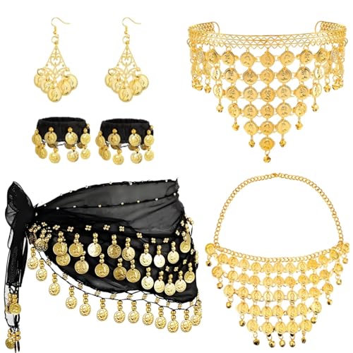 Eorbow 7 PCS Gypsy Costume Set, Fortune Teller Outfit Accessories for Women, Chiffon Belly Dance Hip Scarf with Coin Headpiece Necklace Bracelet Earrings, Halloween Cosplay Supplies