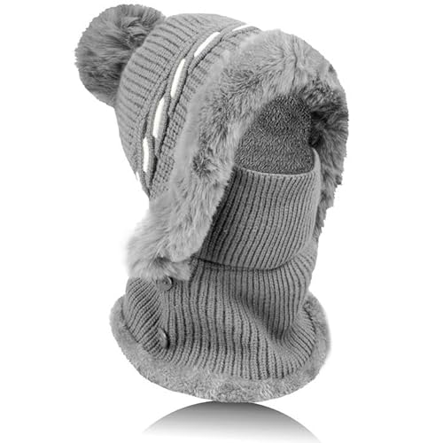 TAGVO Damen Winterschal Strickmütze, Balaclava Winter Schlupfmütze lässige Plüsch Mütze, 2 in 1 Wintermütze Strickmütze, Damen Balaclava Beanie Winddichte, Warme Stricken Mütze mit Fleecefutter