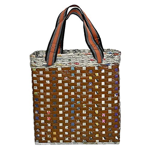 Image of PAPERUS Re-usable Small Brown Check Carry Bag | Shopping Bag | Handbag | Tiffin Basket | Lunch Bag, Eco-Friendly Handmade of Paper Ropes 11 in Tall 10 in Length 5 in Wide Base