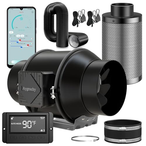Aygrochy 150mm Wifi App Ventilateur en Ligne Kit avec régulateur de température et d'humidité, Extracteur d'air avec Filtre à Charbon d'air et Tuyau...