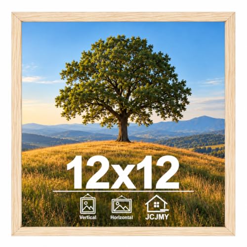 JCJMY 12x12 inch Picture Frame, Horizontal and Vertical Formats for Wall Hanging, 12 x 12 Square Wall Gallery Poster Photo Frame with Shatter Resistant Plexiglass, Natural